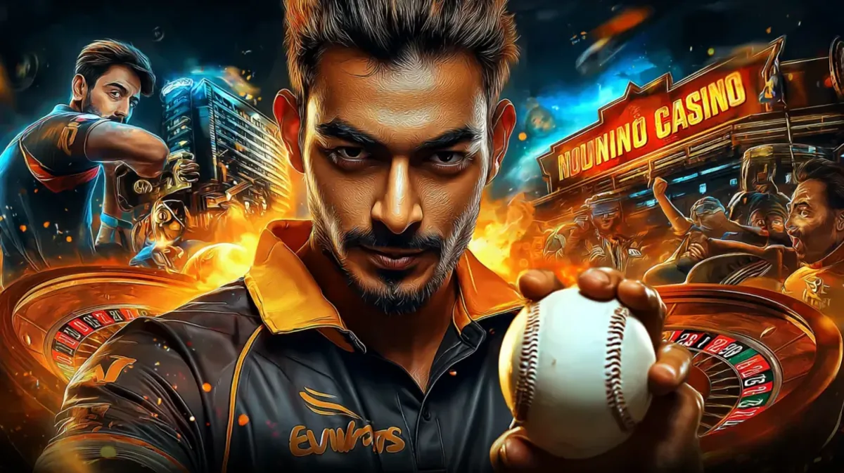 একজন তীব্র ক্রিকেট খেলোয়াড় একটি জটিল ছবিতে ক্রিকেট বল ধরেছেন, যেখানে স্পোর্টস স্টেডিয়াম ও hbaj গেমিং প্ল্যাটফর্মের উজ্জ্বল নিয়ন-আলোর পরিবেশ একসঙ্গে মেশেছে।