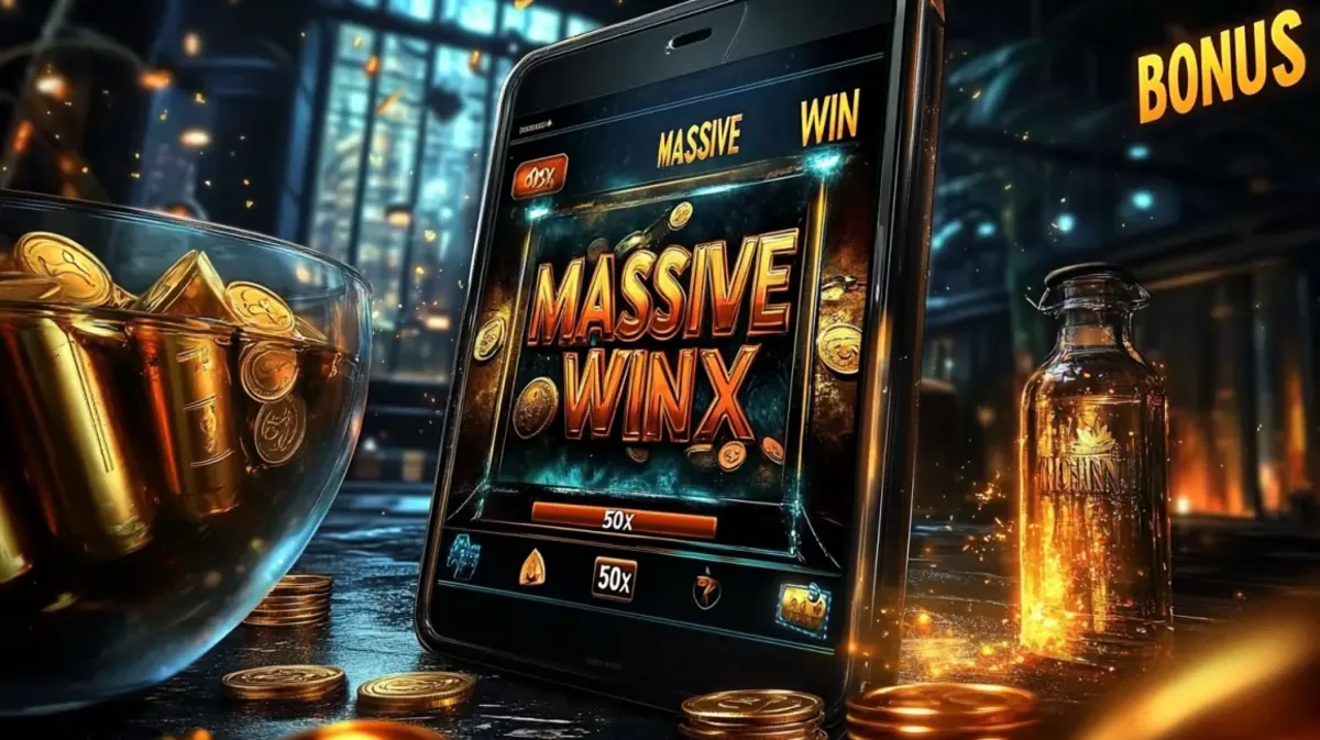 একটি মোবাইল ফোনে hbaj-এ MASSIVE WINX বোনাস এবং ৫০x গুণক প্রদর্শিত হচ্ছে, যা hbaj-এ বড় জয়গুলোর প্রচার করছে। দৃশ্যটি জাঁকালো একটি বার-এ সেট করা, যেখানে সোনালি বুলেটগুলোর একটি বোলে রাখা আছে।