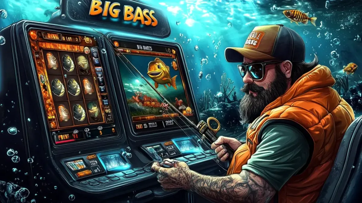 hbaj-এ সানগ্লাসে পরা দাড়িওয়ালা একজন জেলে Big Bass গেমটি খেলছেন। মেশিনটির স্ক্রিনে পানির নিচে মাছ ধরার থিমটি দেখা যাচ্ছে।