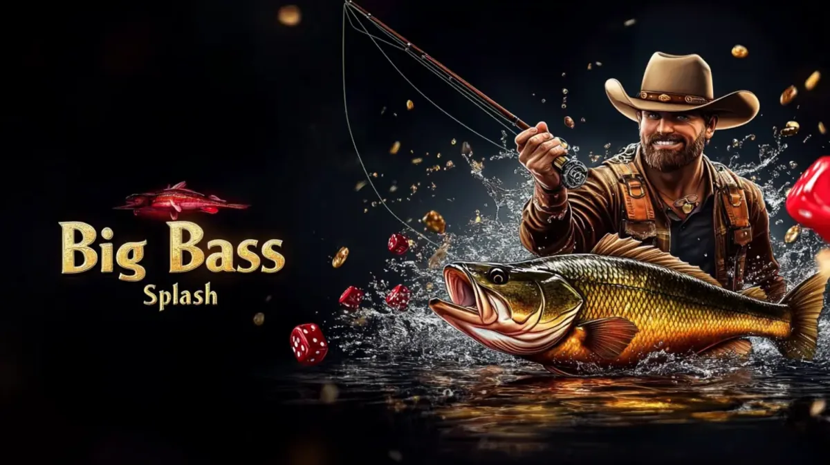 hbaj-এ উপলব্ধ এই Big Bass Splash গেমের প্রচারণায় একটি খুশি জেলে ক্যাউবয় হ্যাট পরে বড় একটি bass মাছ জাল থেকে টেনে আনছেন।