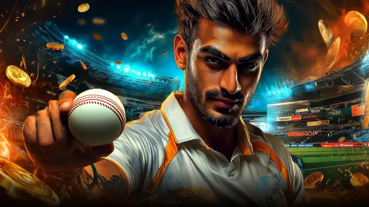 A focused and intense male cricket player holds up a cricket ball in a packed stadium, promoting the exciting world of cricket betting at hbaj. Gold coins and fire effects add to the drama.