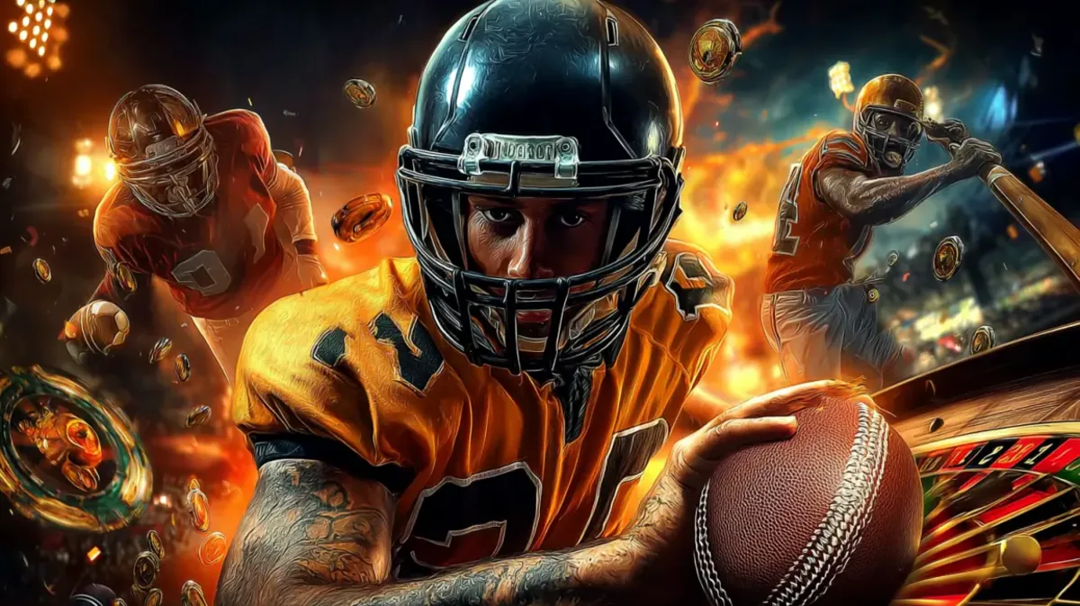 A dynamic collage for sports betting at hbaj, featuring an American football player in the foreground, with baseball and football players in action behind him.